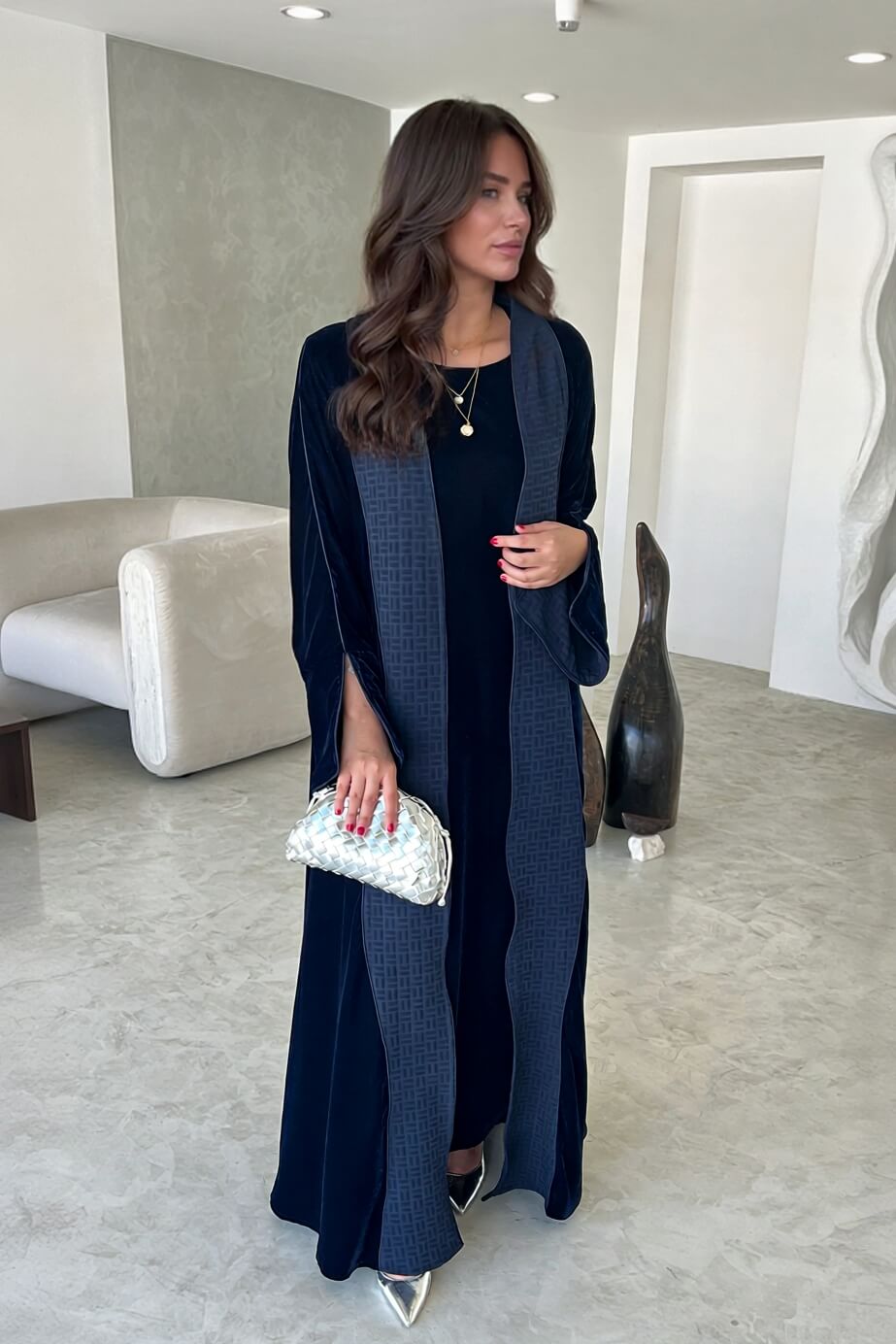 Elegant Navy Blue Printed Velvet Robe Cardigan