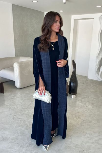 Elegant Navy Blue Printed Velvet Robe Cardigan