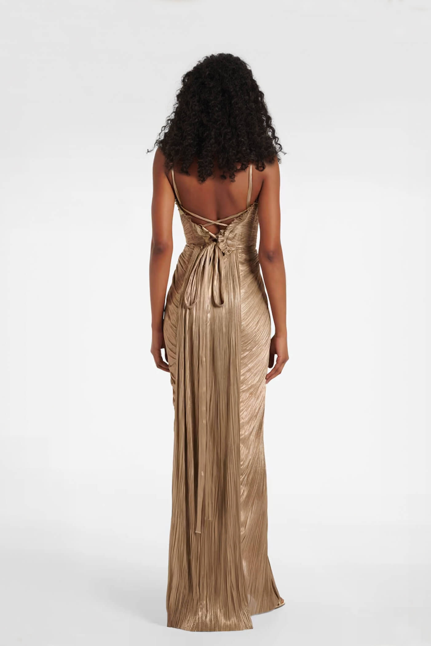 Elegant Pleated Metallic Tie-Waist Party Slit Gown Maxi Dress