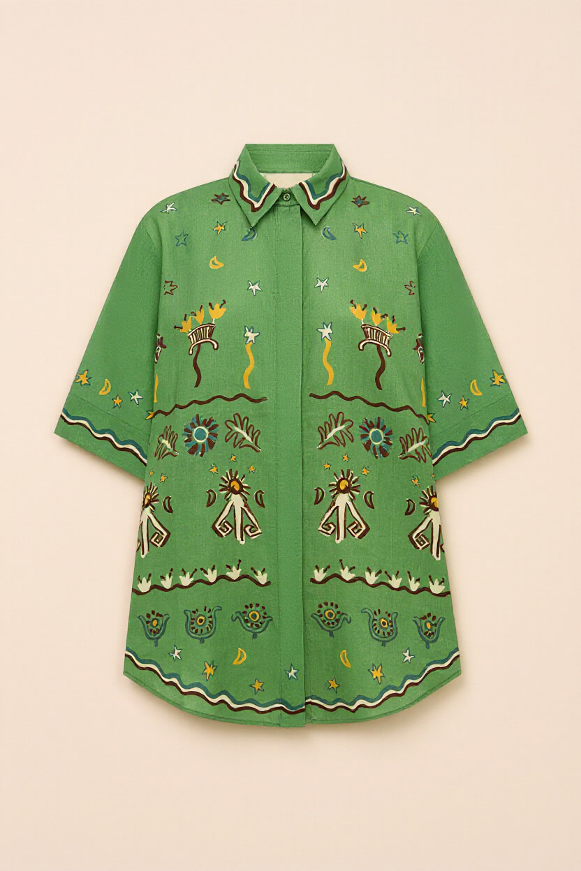 Unique Casual Sunny Dancer Print Button-Up Shirt Fitted Waist Loose Wide-Leg Pants Set