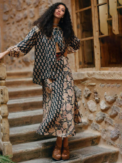 Boho Printed Draped Loose Button-Up Shirt