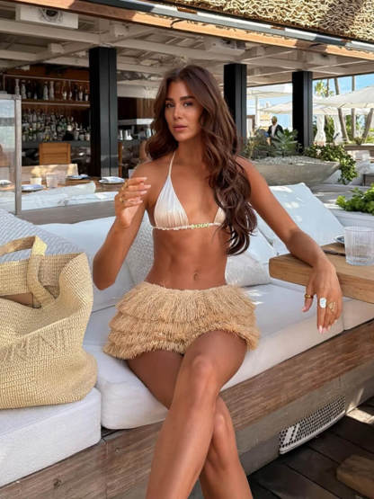 Bohemian Layered Fringe Woven Mini Skirt