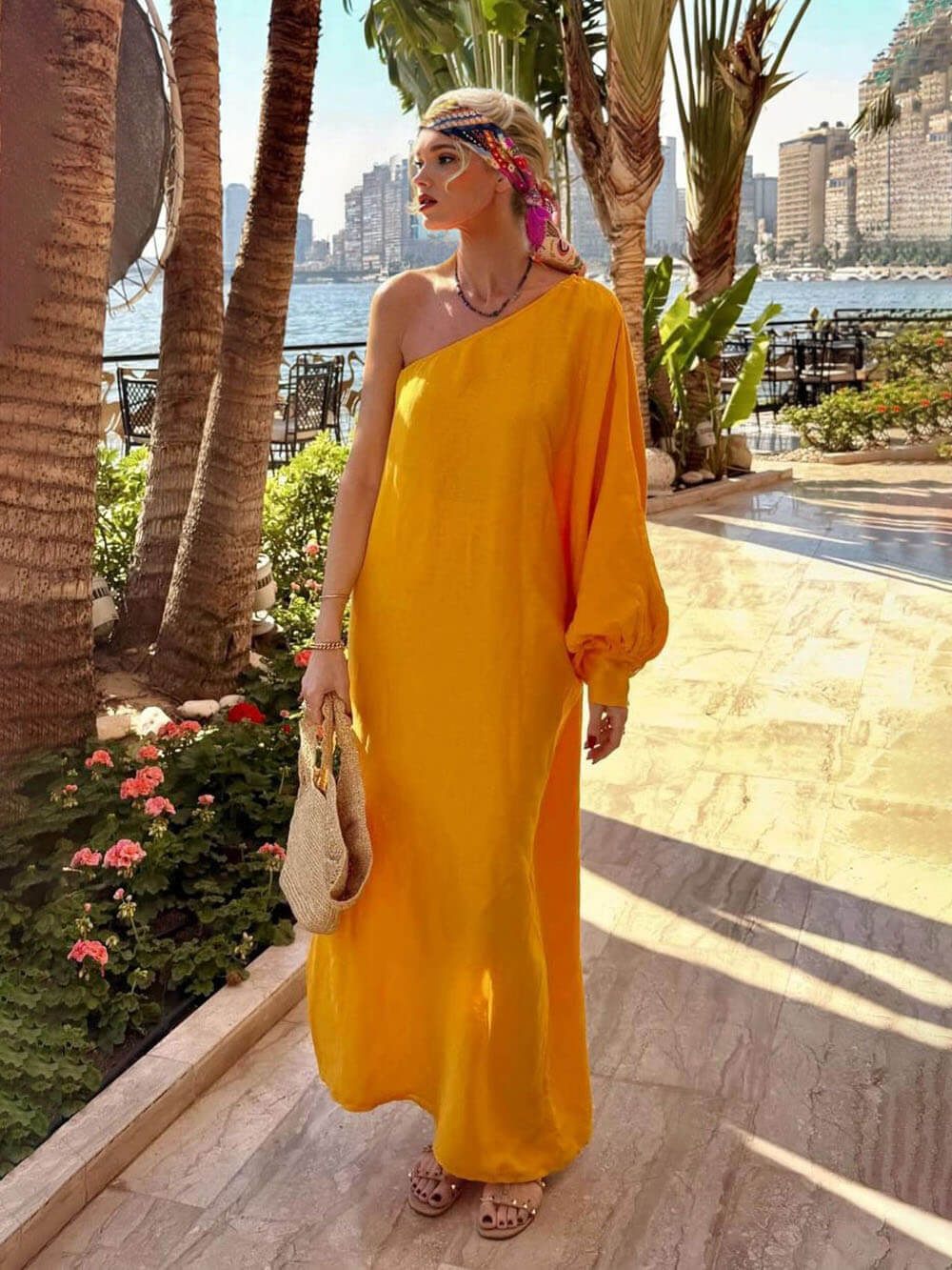 Boho One-Shoulder Slit Vacation Maxi Dress