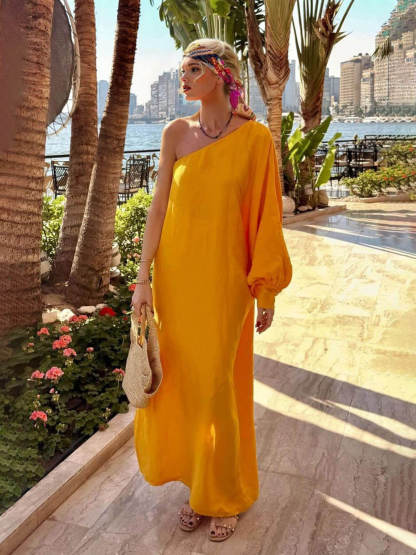 Boho One-Shoulder Slit Vacation Maxi Dress