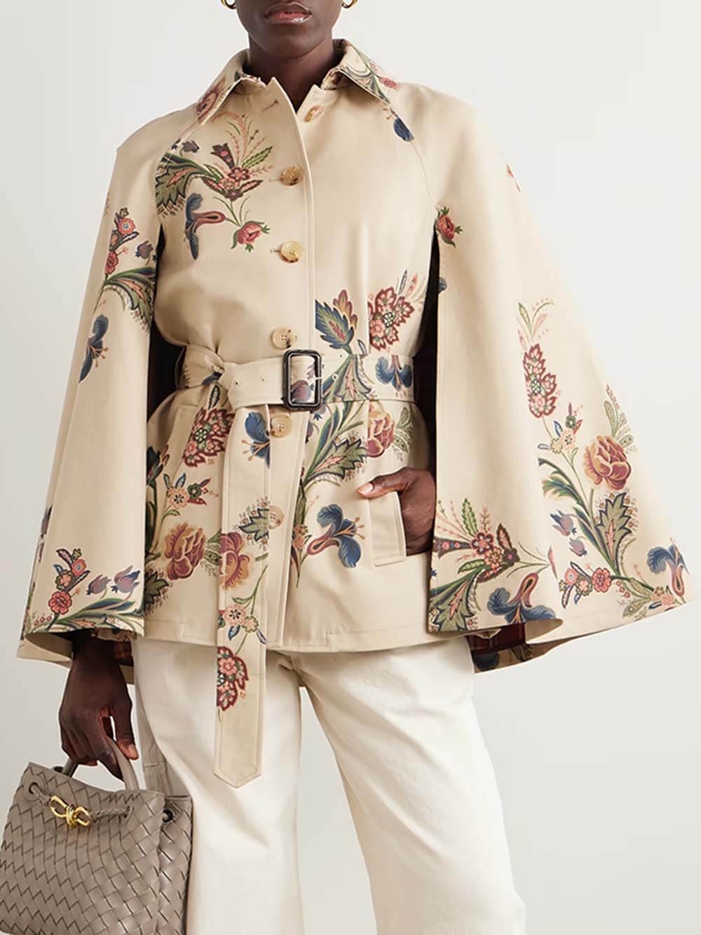 Retro Cape-Effect Belted Print Twill Jacket