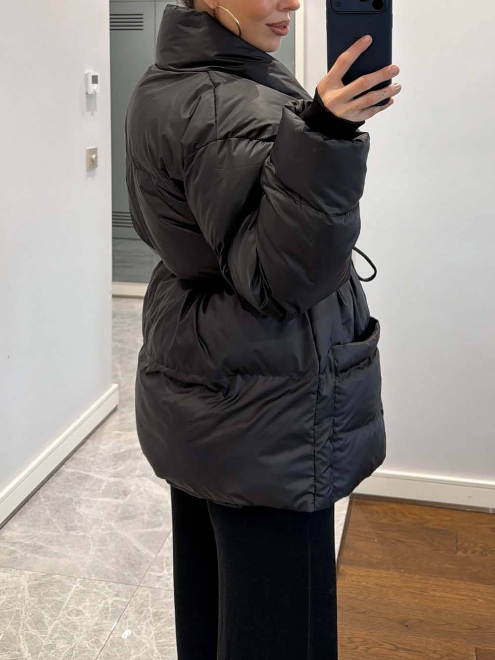 Fashion Pocket Fold-Over Puffy Lace-Up Coat