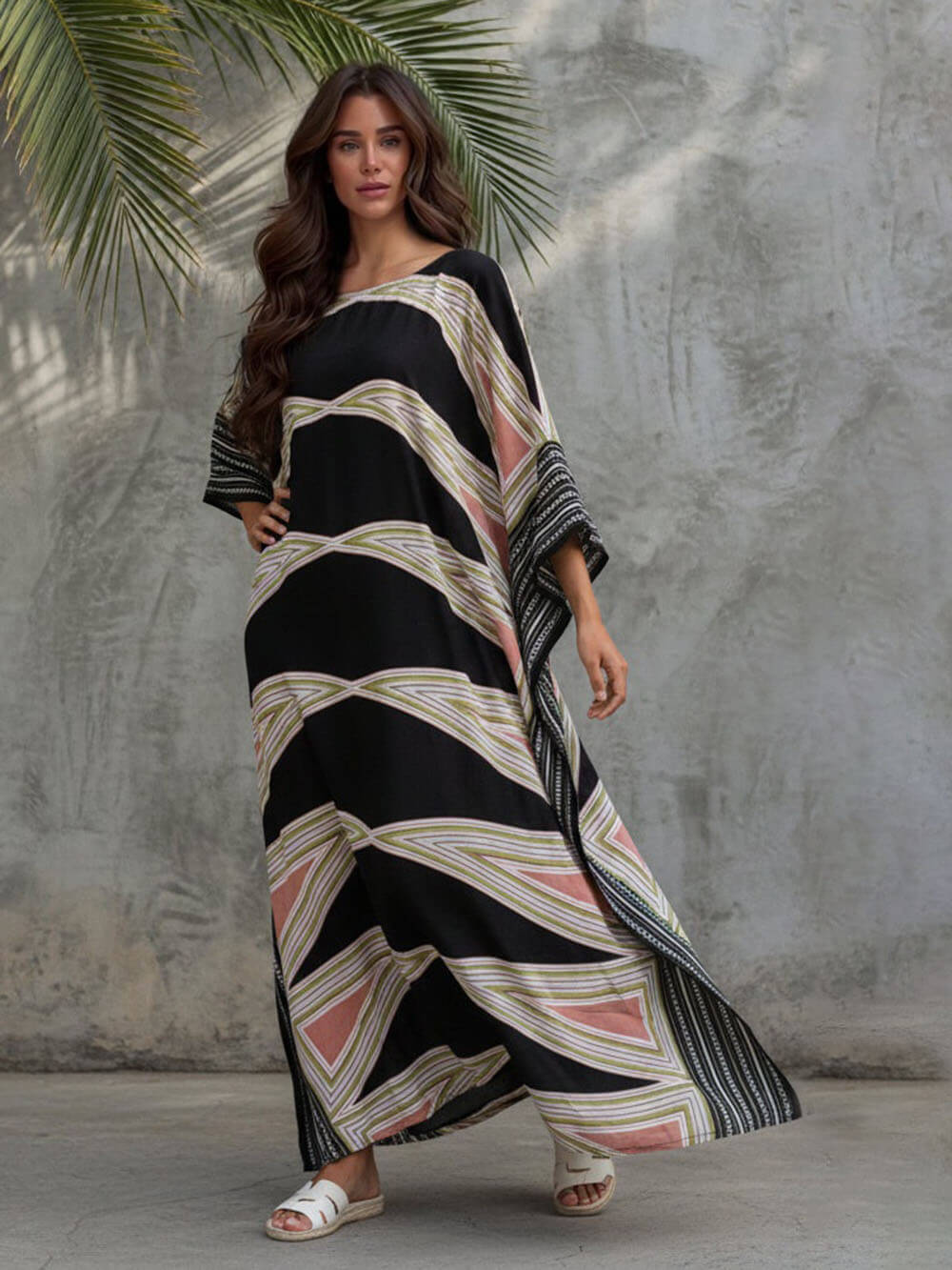 Retro Puzzle Print Kimono Beach Maxi Dress