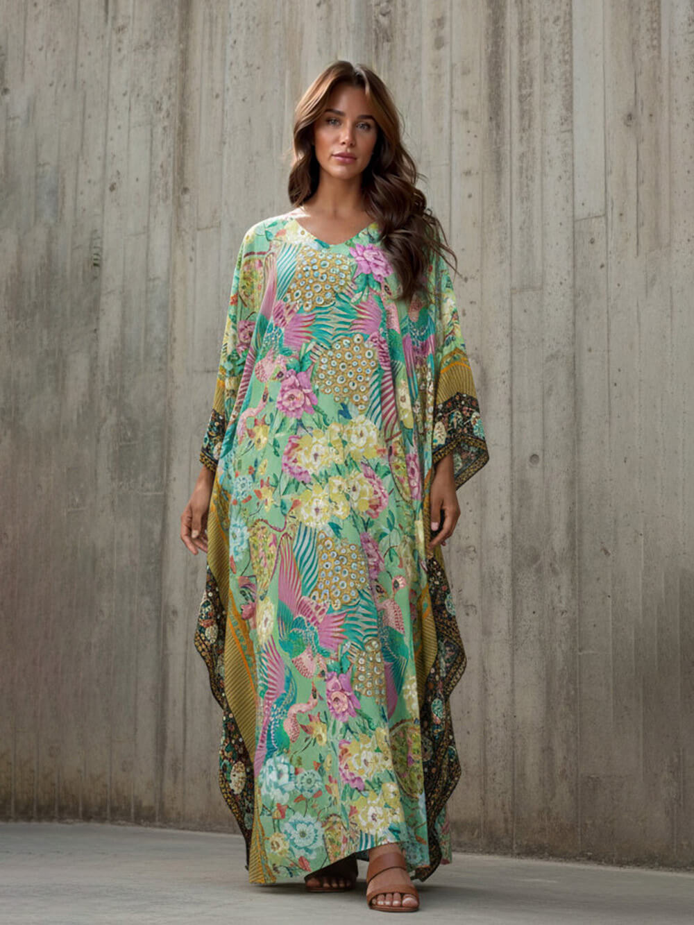 Modern Casual Peacock Print Kimono Beach Maxi Dress