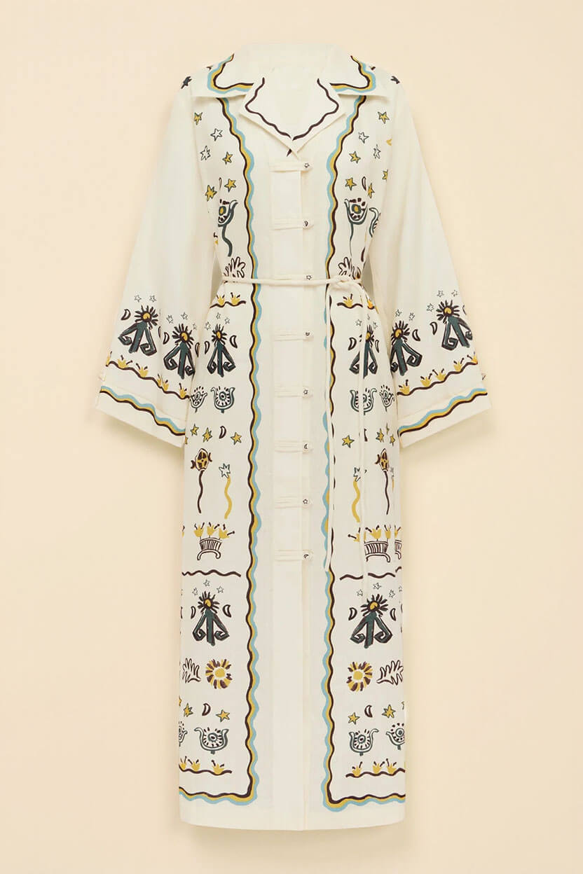 Modern Print Button-Front Tie-Waist Loose Maxi Shirtdress