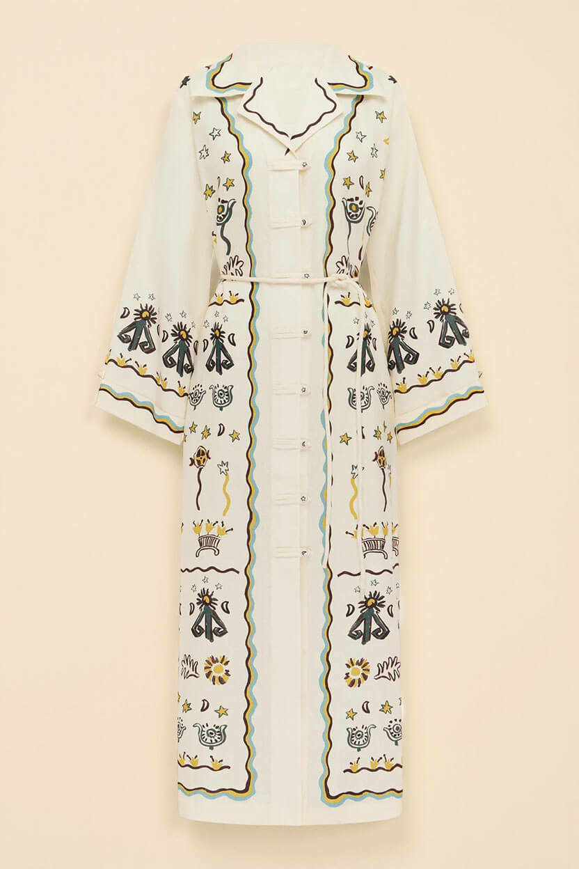 Modern Print Button-Front Tie-Waist Loose Maxi Shirtdress