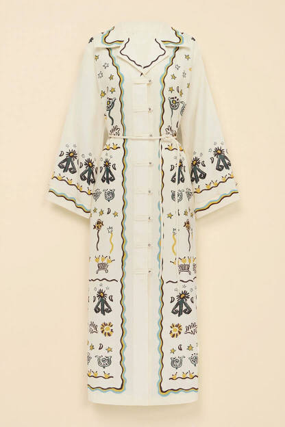 Modern Print Button-Front Tie-Waist Loose Maxi Shirtdress