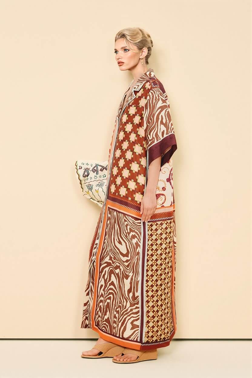 Unique Color-Block Print Side Pocket Loose Maxi Shirtdress