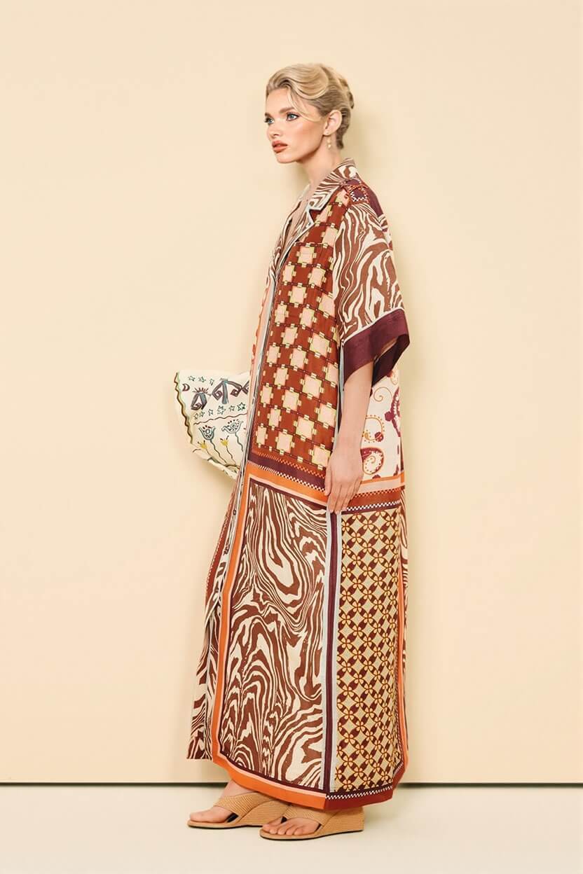 Unique Color-Block Print Side Pocket Loose Maxi Shirtdress