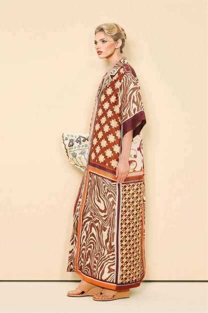 Unique Color-Block Print Side Pocket Loose Maxi Shirtdress