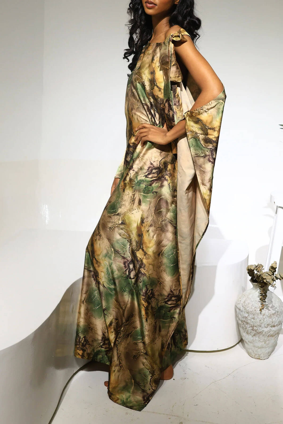 Unique Satin Asymmetrical Marble Print Maxi Dress