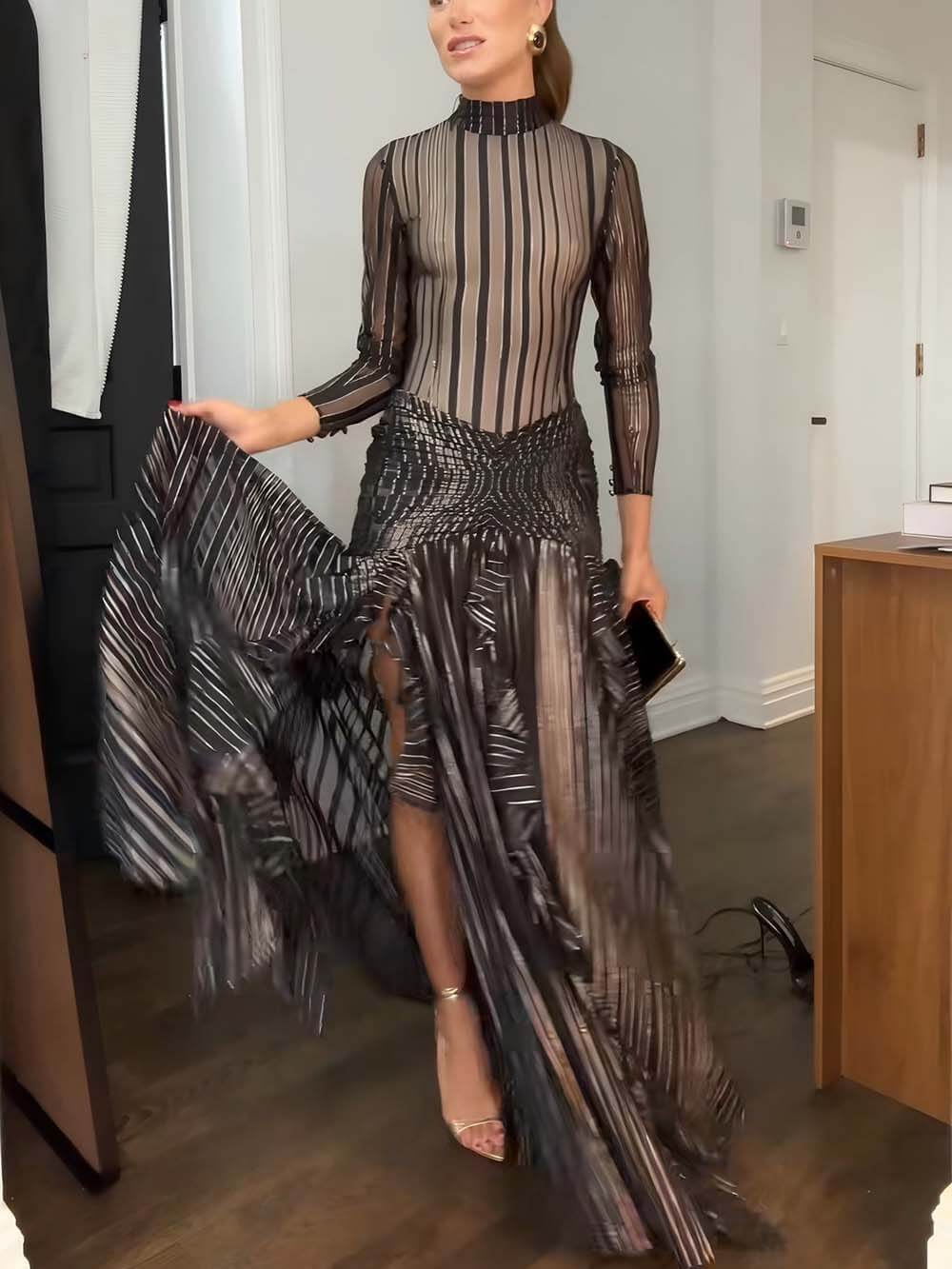 Exquisite Floral Print Ruffle Panel Slit Maxi Dress