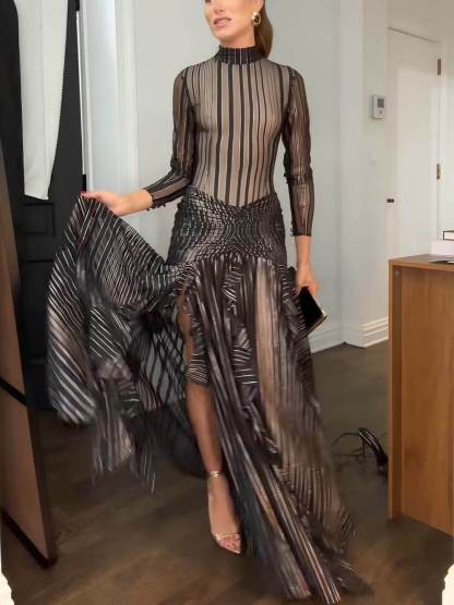 Exquisite Floral Print Ruffle Panel Slit Maxi Dress