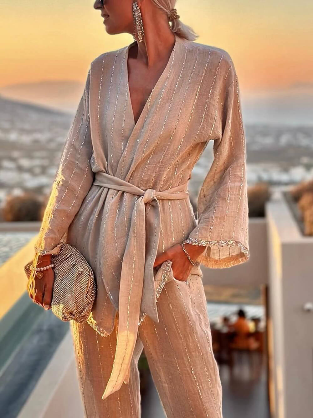 Santorini Sunset Sequin Stripe Cardigan Belted Loose Top