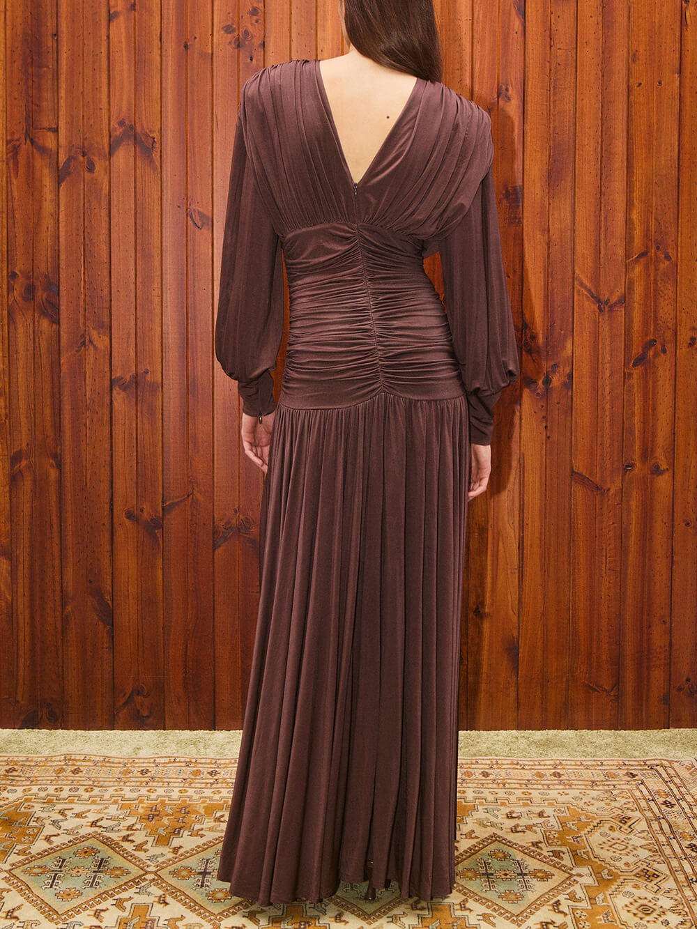 Elegant Sequin Panel Ruched Lantern-Sleeve Bodycon Maxi Dress