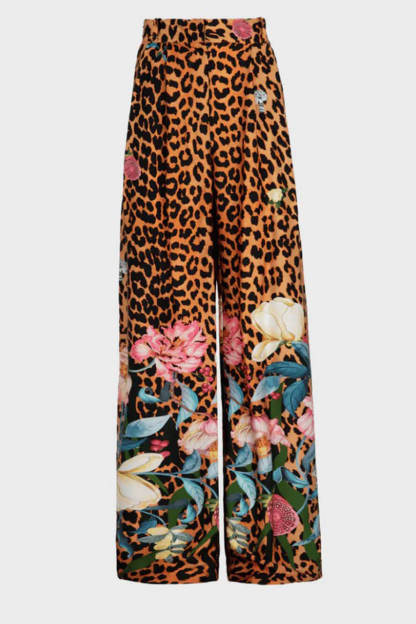 Unique Leopard Floral Print Elastic-Waist Wide-Leg Pants