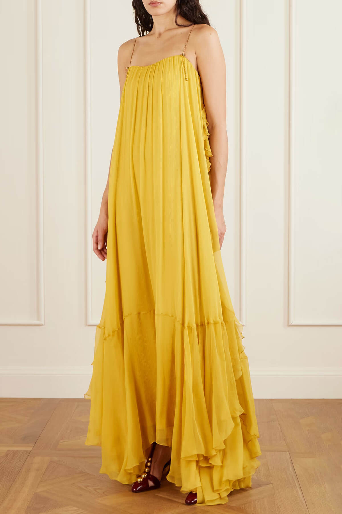 Exquisite Asymmetrical Ruffle-Trimmed Maxi Dress