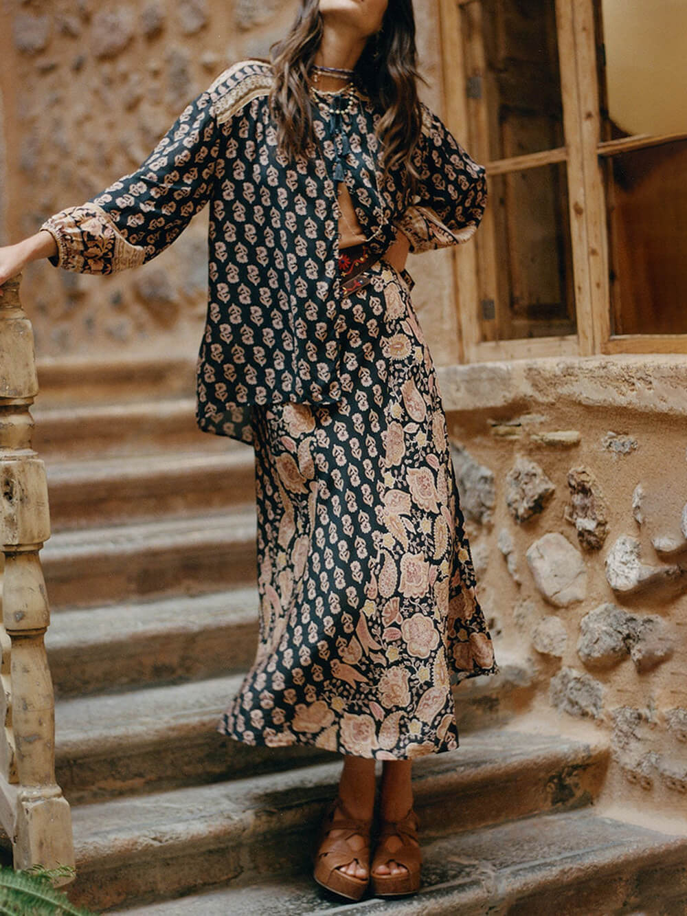 Boho Printed Draped Loose Button-Up Shirt