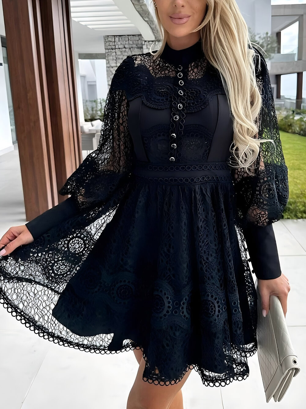 Elegant Lace-Trim Long Sleeve Mini Dress