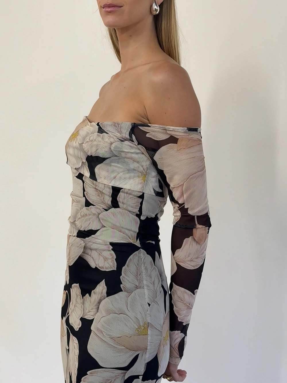 Elegant Floral Print Off-Shoulder Mesh Maxi Dress