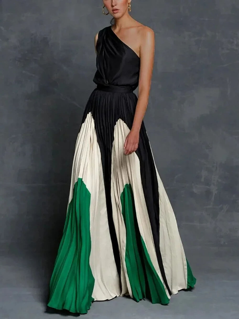 Elegant One-Shoulder Colorblock Ruched Maxi Dress