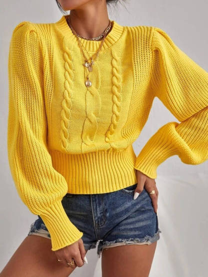 Fashion Solid Color Cable Knit Balloon Sleeve Crewneck Sweater