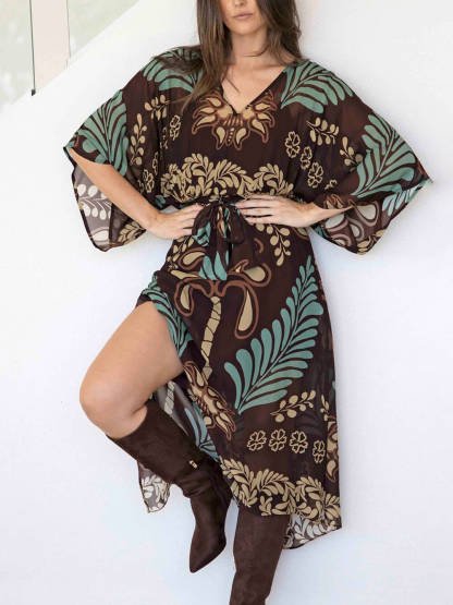 Bohemian Print Loose-fitting Slit Maxi Dress