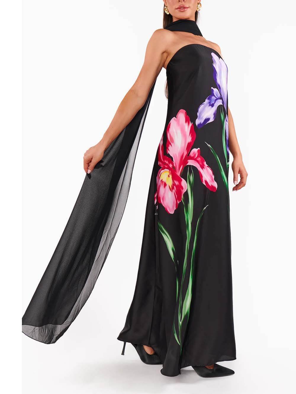 Elegant Printed Off-the-Shoulder Scarf Maxi Dress