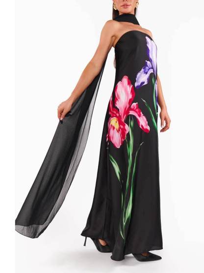 Elegant Printed Off-the-Shoulder Scarf Maxi Dress