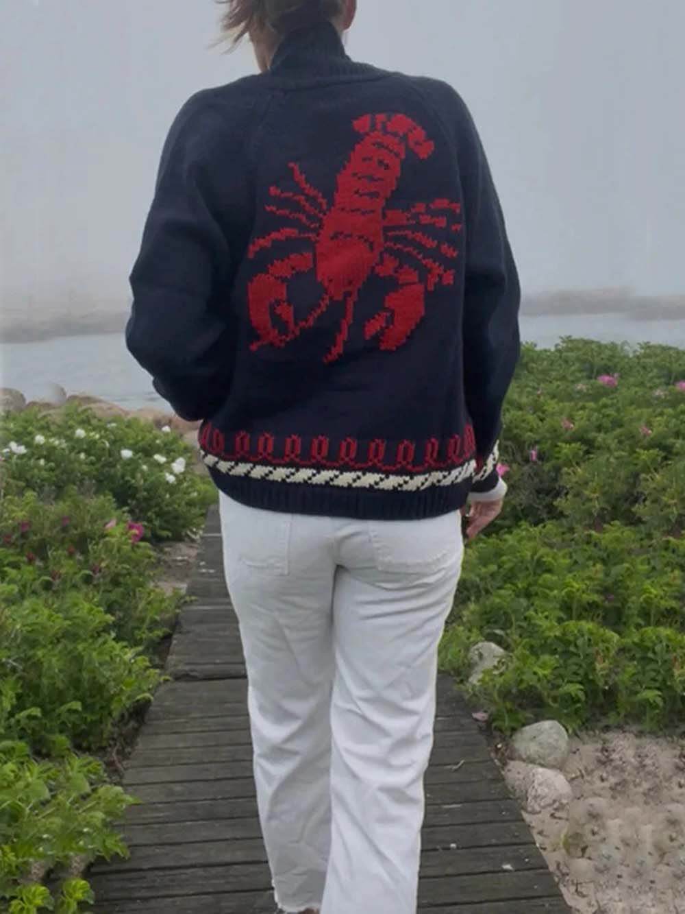 Unique Fashion Lobster Print Casual Long Sleeve Knit Cardigan