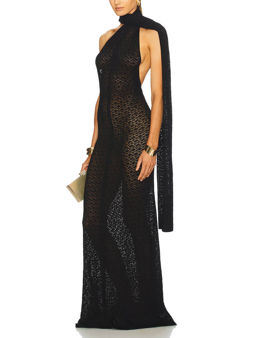 Exquisite Backless Mesh Wrap Scarf Detail Knit Maxi Dress