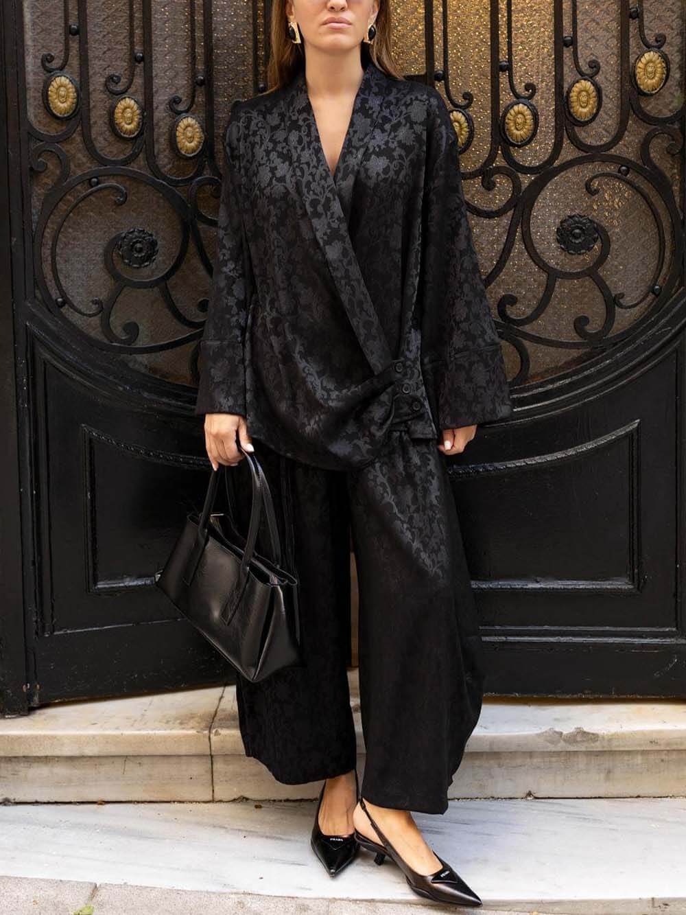 Vintage Satin Black Printed Button Detail Shirt