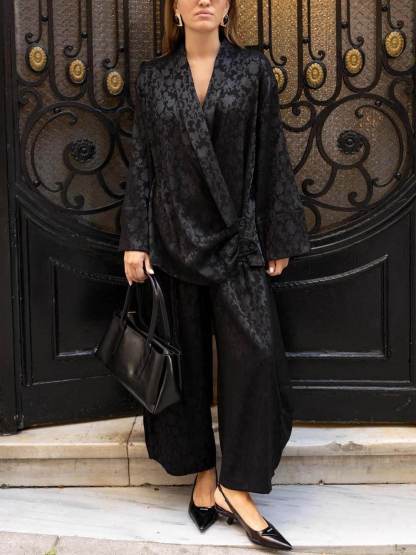 Vintage Satin Black Printed Button Detail Shirt