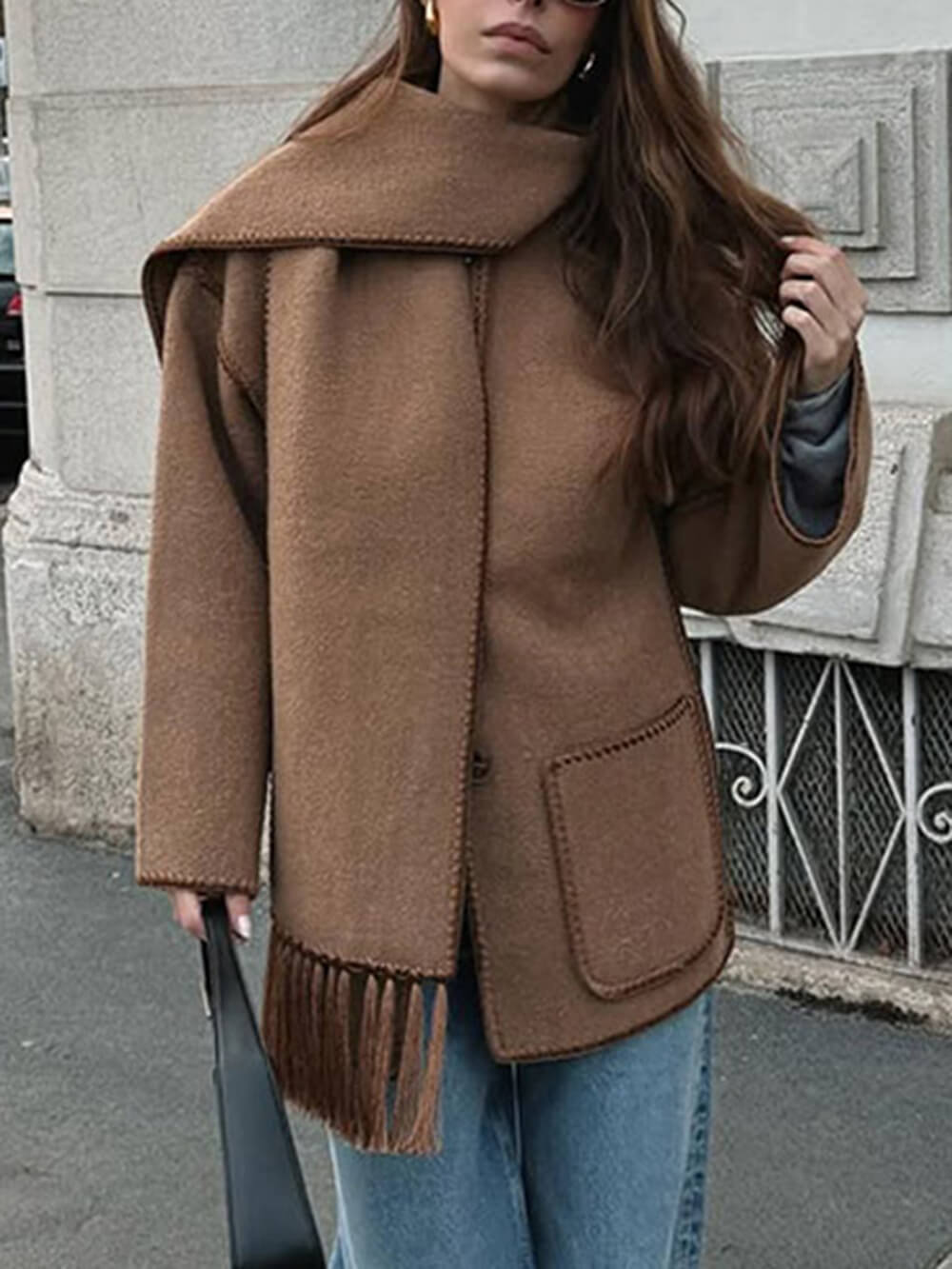 Fashion Solid Color Scarf-Neck Wool Short Coat