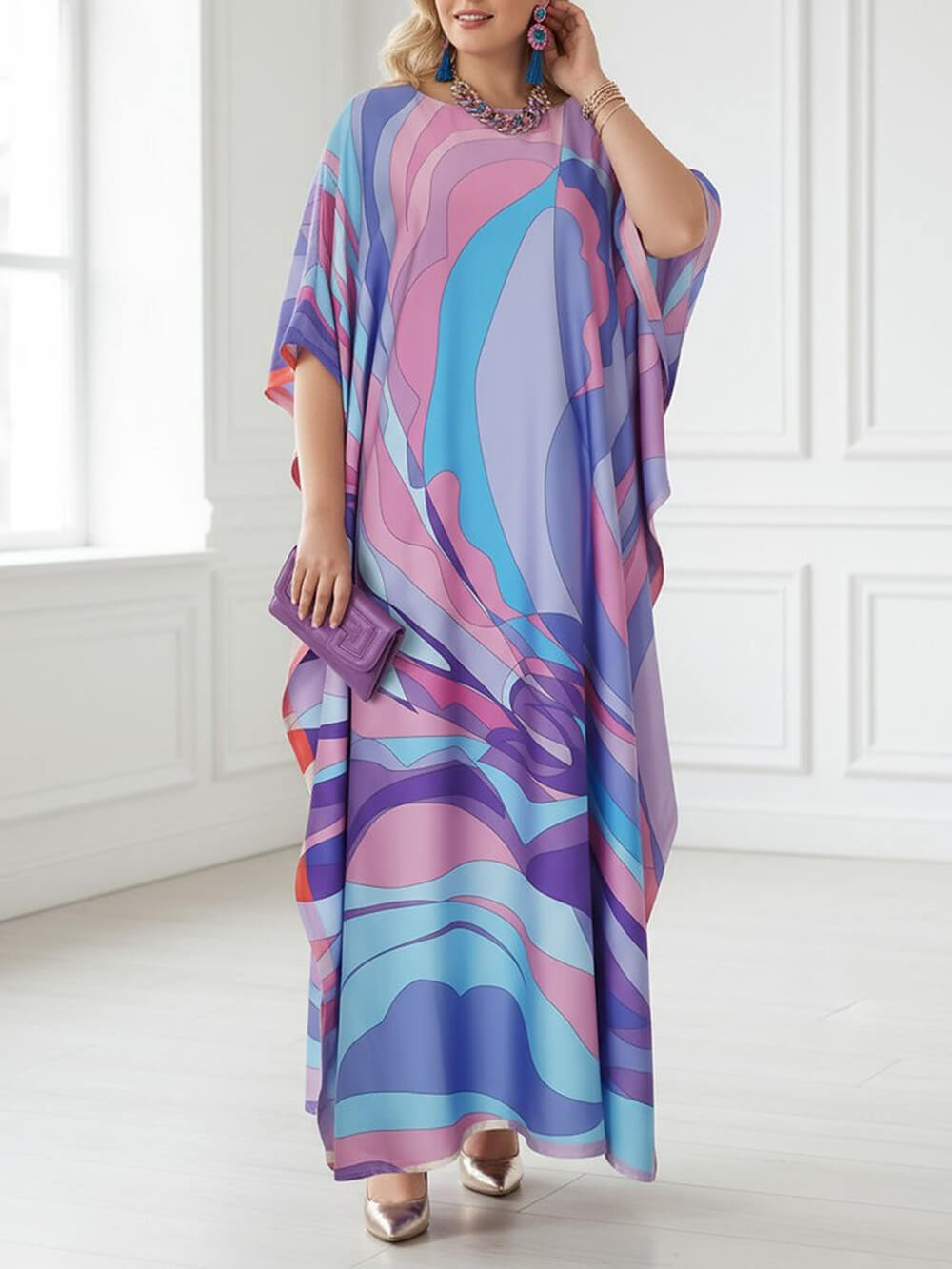 Classic Print Kaftan Kimono Maxi Dress