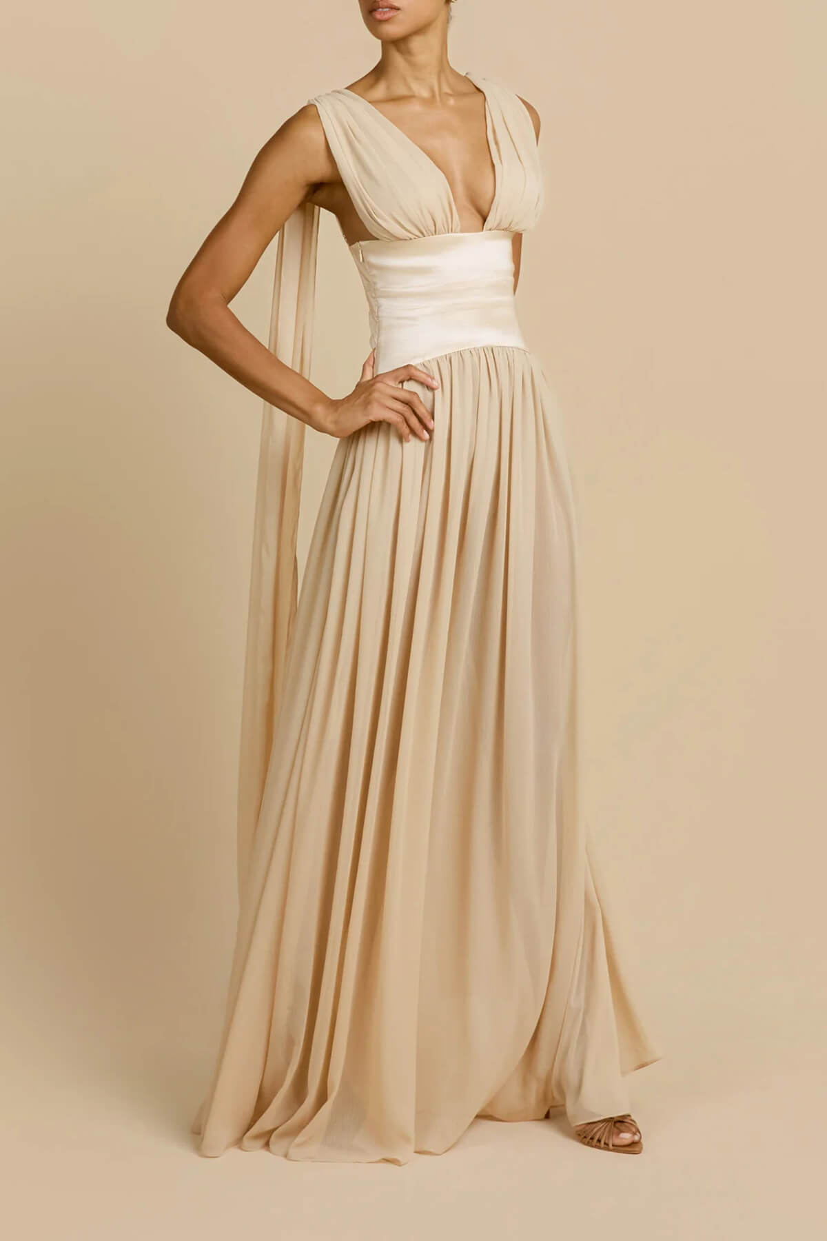 Elegant V-Neck Backless Satin Ruched Maxi Dress