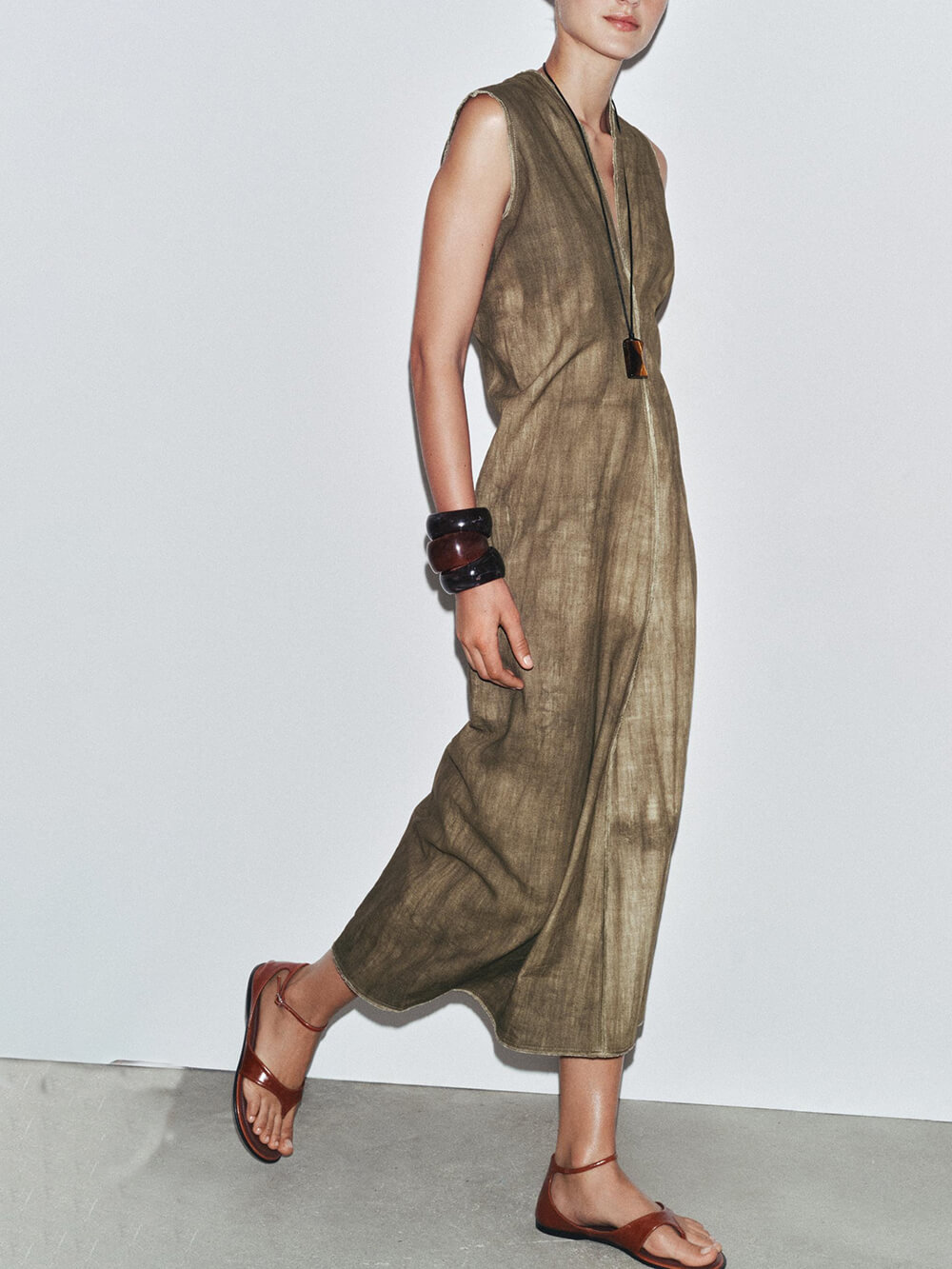 Exquisite Abstract Tie-Dye Print Linen Sleeveless Vacation Midi Dress