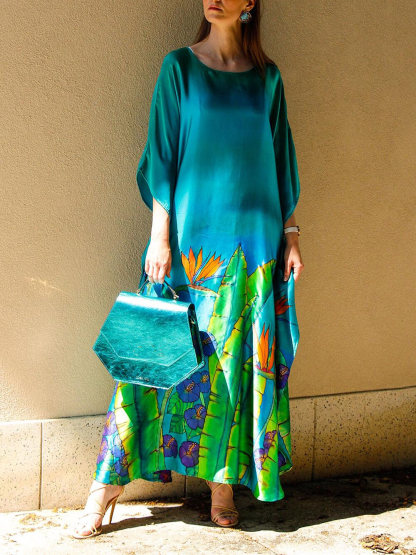 Bohemian Floral Print Satin Maxi Dress