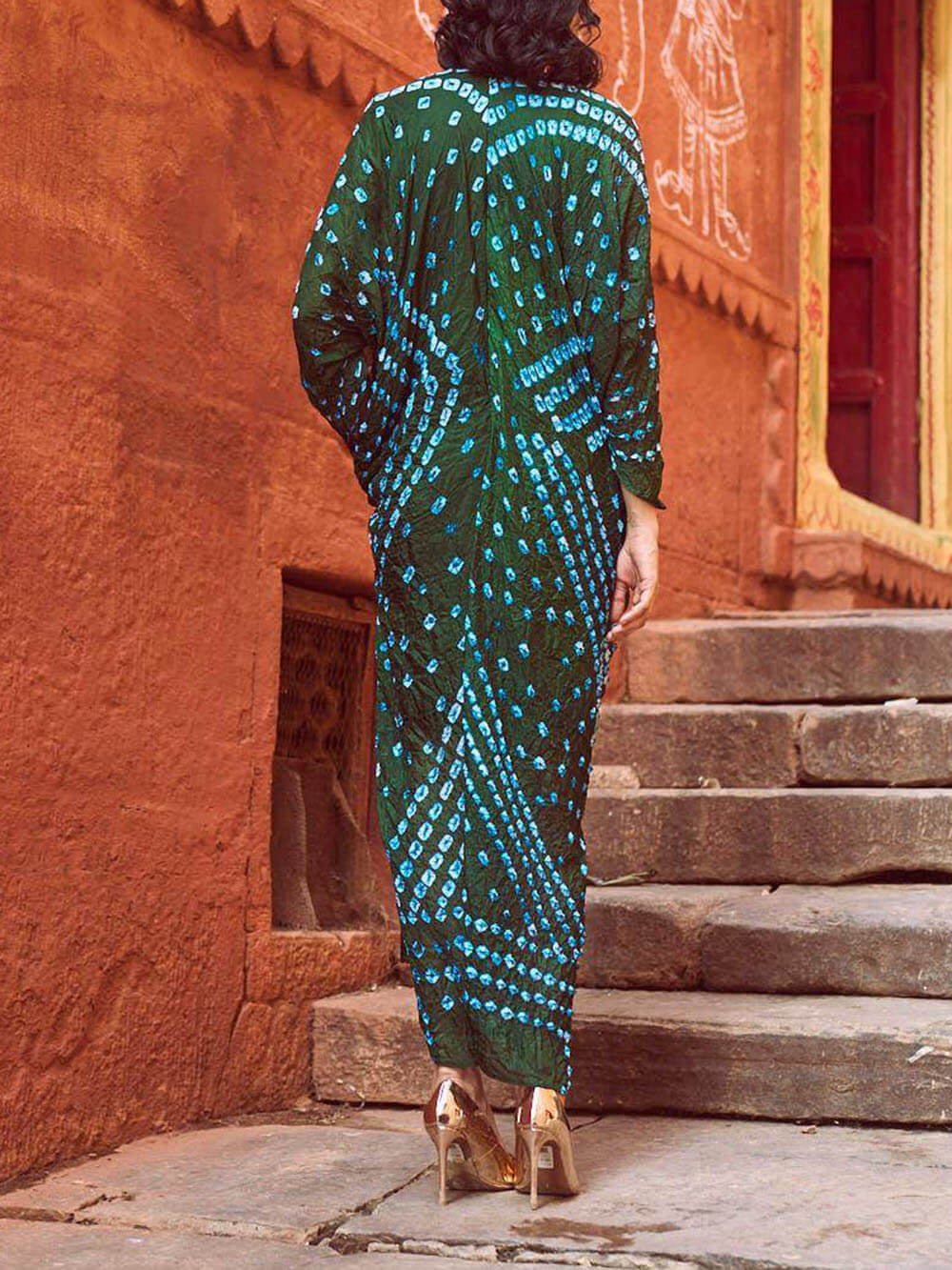 Kimono Tie-Dye Print V-Neck Pleated Robe Maxi Dress