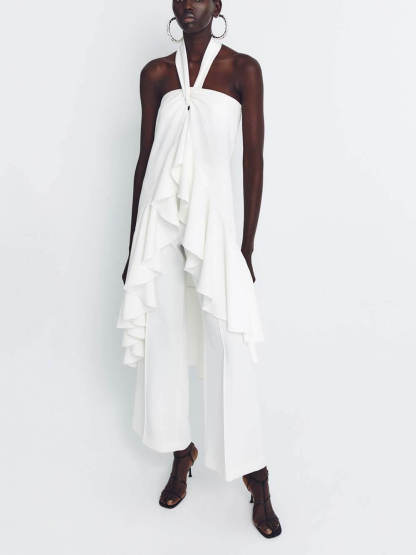 Casual Ruched Halterneck Backless Ruffle Top