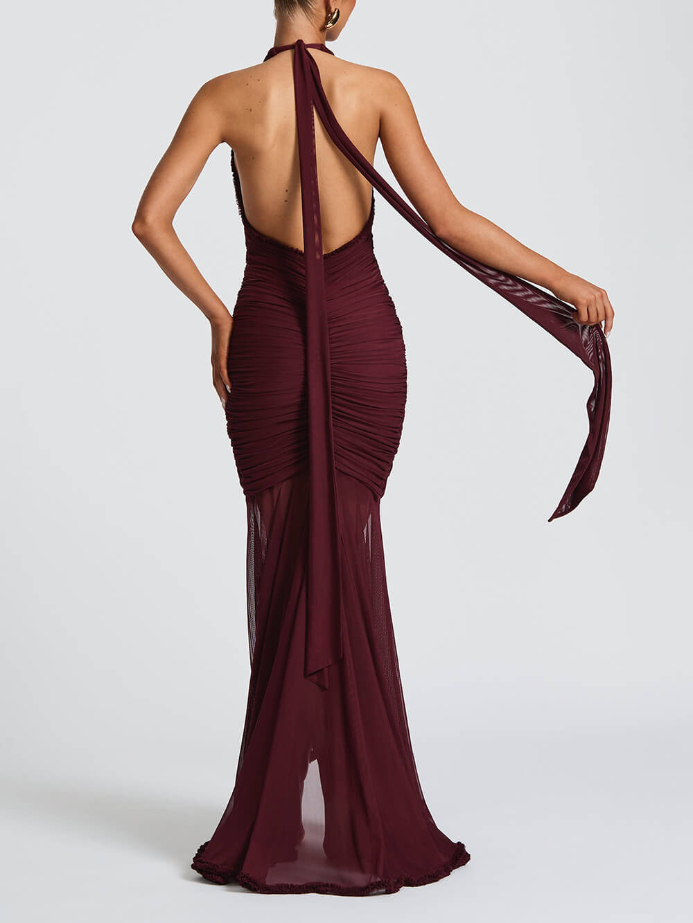 Elegant Lace-Trimmed Halter Deep V Evening Gown Maxi Dress