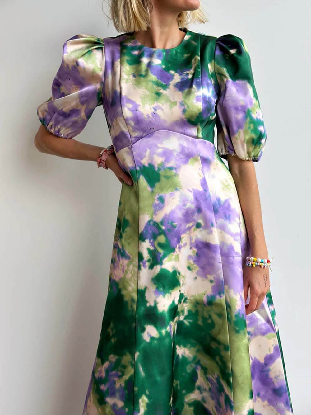 Retro Tie-Dye Puff Sleeve A-Line Maxi Dress