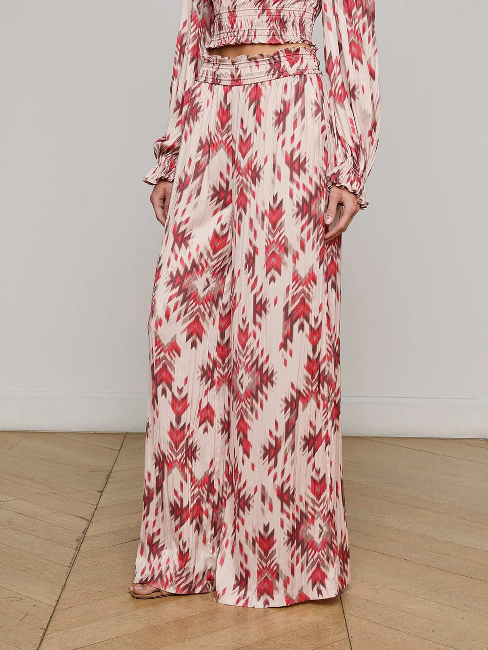 Retro Print Satin With Pleats Elastic Pockets Wide-Leg Pants