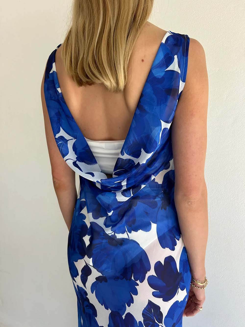 Elegant Floral Print Tie-Back Draped Open-Back Maxi Dress