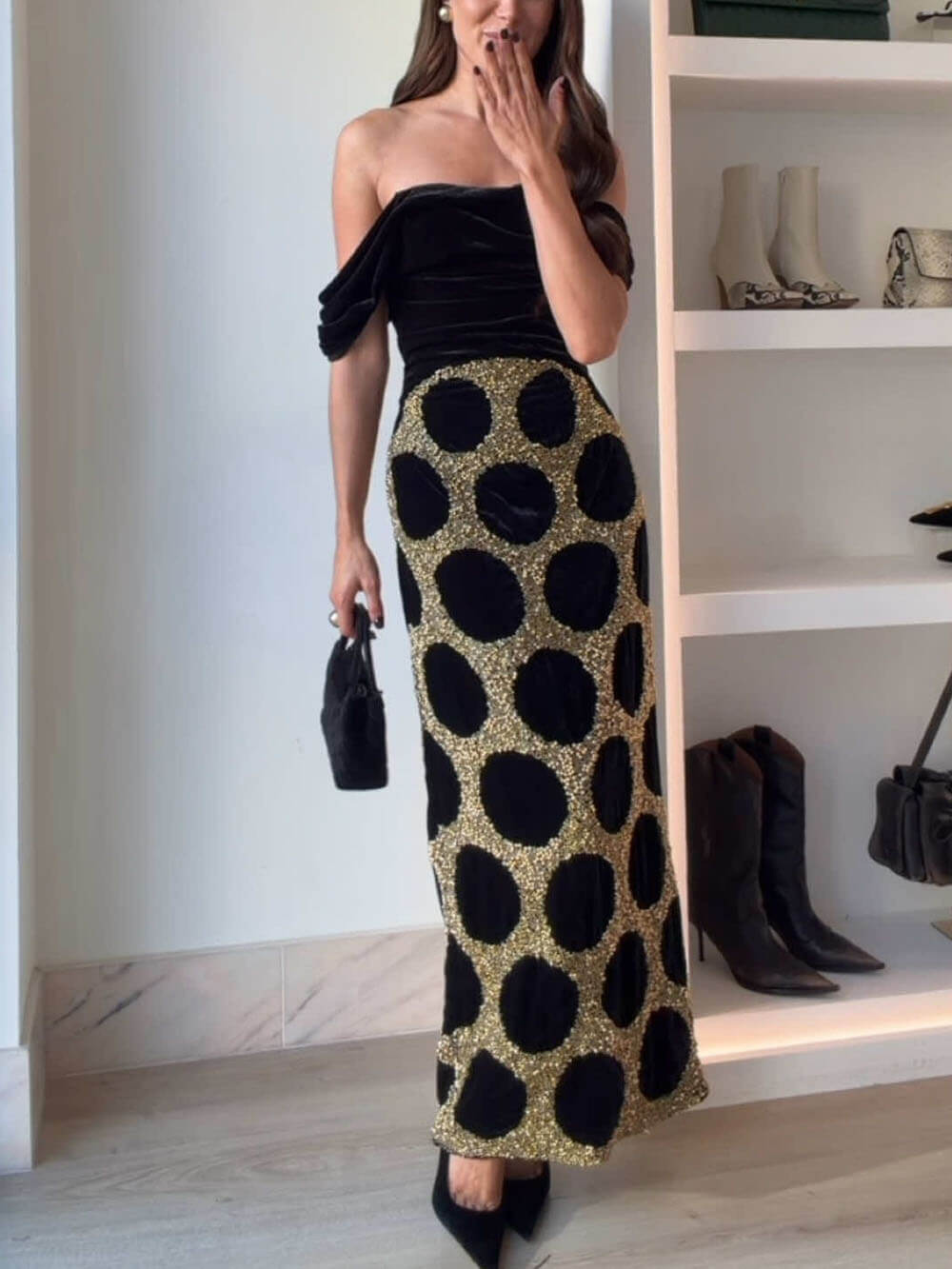 Elegant Black Draped Off-Shoulder Polka Dot Midi Dress