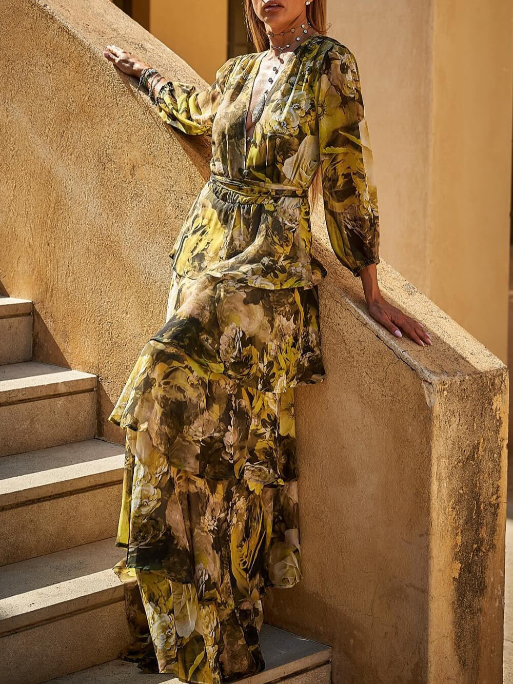 Elegant Floral Print Tiered Waist-Cinched Maxi Dress